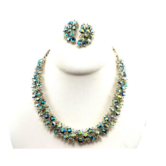 Vintage Aurora Borealis Rhinestone Necklace & Earrings Set Gold Tone Floral Clus - Picture 2 of 14